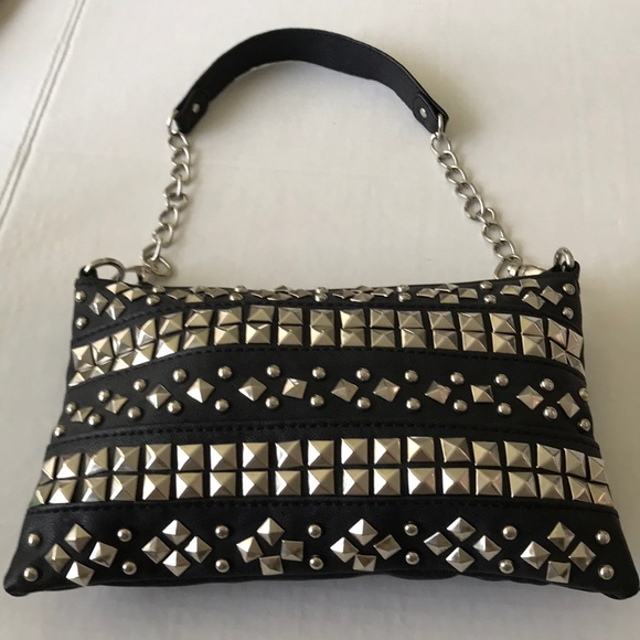 Handbags - Black Bag w Silver Tone Stud Front